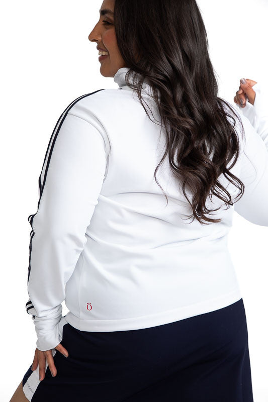 Back view of the Apres 18 Funnel Neck Long Sleeve Top in White. This top has two navy blue stripes down each arm. 