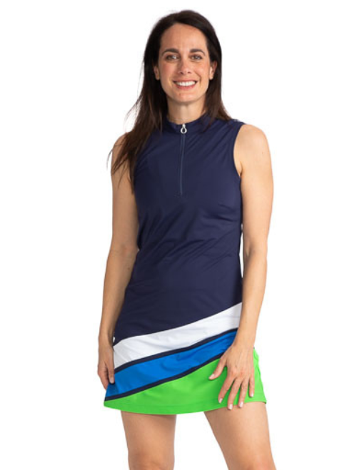 Tee to Green Sleeveless Golf Dress in Navy Blue. This dress has diagonal stripes at the bottom in white, azure blue, and fairway green.  Navy blue women's golf dress.
