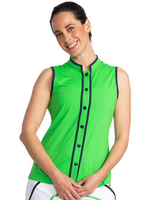 Woman wearing the Looking Snappy Sleeveless Golf Top in Fairway Green. This top has Navy Blue accents around the collar and down the front of the blouse, navy blue snaps down the front of the shirt, and around each armhole.