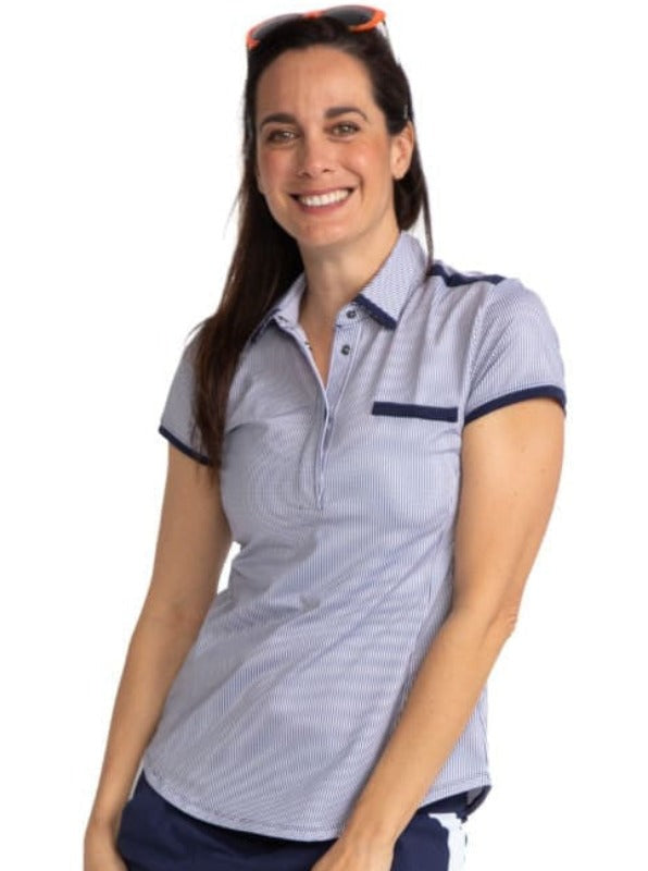 Full front view of the Cute and Classic Short Sleeve Golf Top in Workin' It Stripe. This stripe pattern consists of navy blue stripes on a white background. This top also has navy blue accents around each sleeve, across the top of the front pocket, diagon