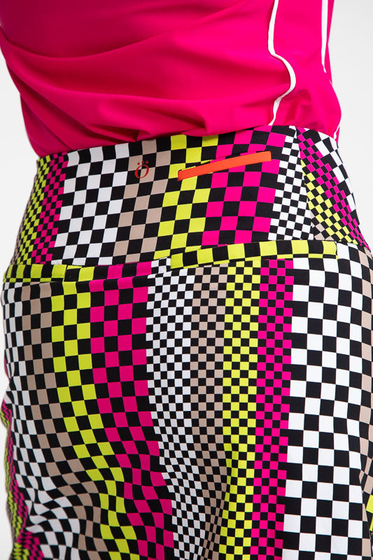 Close back view of the waistband on the Simply Sassy Golf Skort in Check Mix Print.