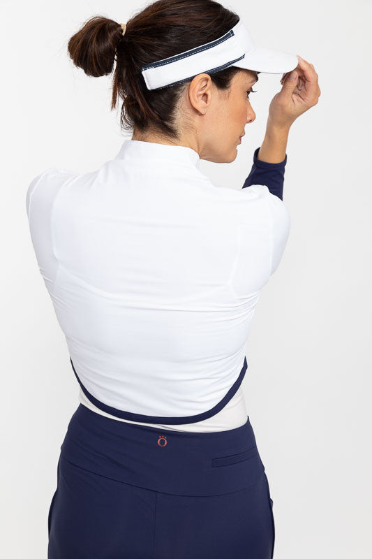 Back view of the Sun's Out Zip Front Shrug in White/Navy Blue