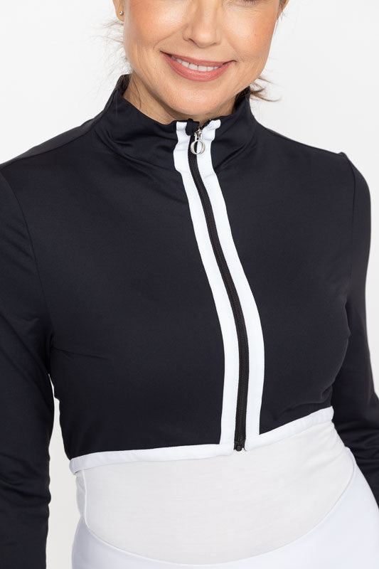 Front view of the Sun's Out Zip Front Shrug in Black