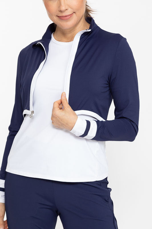 Front view of a woman wearing a Sun's Out Zip Front Shrug in Navy Blue with the front open