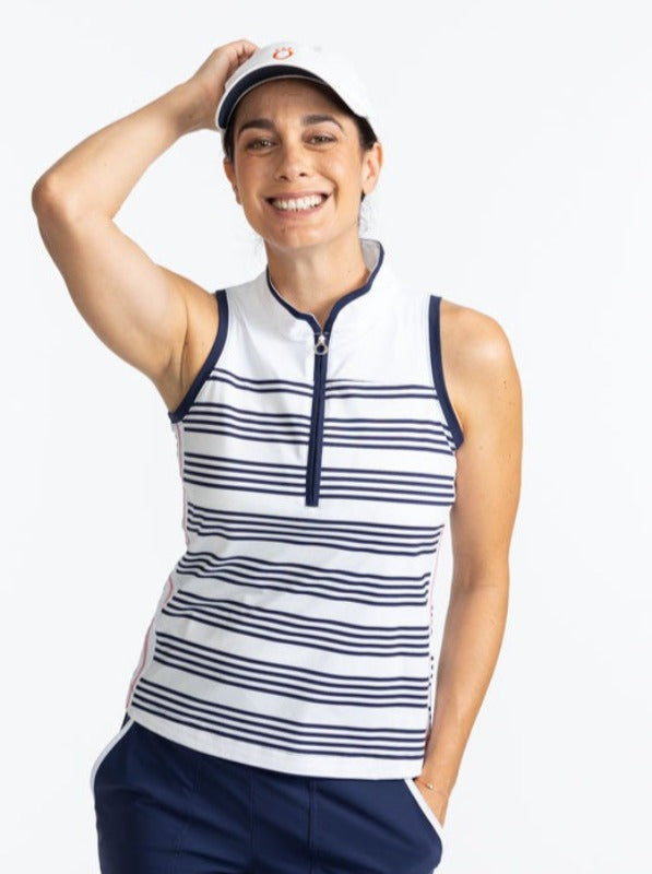 Front view of the Resolution Sleeveless Golf Top in Shutter Stripe