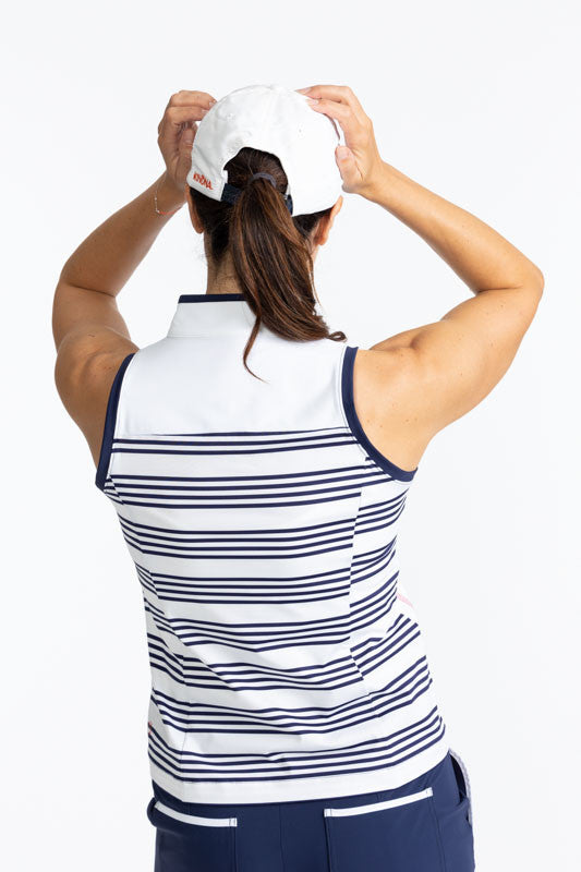 Back view of the Resolution Sleeveless Golf Top in Shutter Stripe
