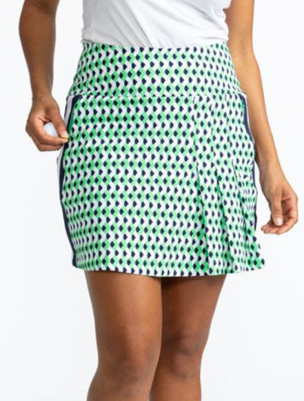 Close front view of the Party Pleat Golf Skort in Chevron Kelly Green. This skort has a wide, solid navy blue stripe with a white stripe running down the middle of the navy blue stripe on both sides.