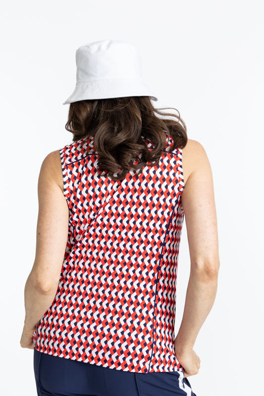 Back view of the Dew Sweeper Sleeveless Golf Top in Chevron Tomato Red