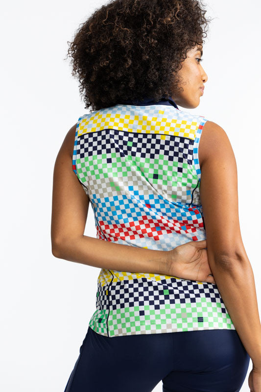 Back view of the Dew Sweeper Sleeveless Golf Top in Cheeky Check Print. This print is made up of a checked horizontal patter that creates a horizontal wrap in black, grass green, lemon yellow, French blue, and tomato red on a white background. This top fe