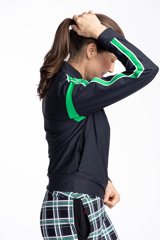 Right side view of the Warm Up Jacket in Black. This jacket has a rye green band around each arm just below the shoulder and three rye green stripes down each arm.
