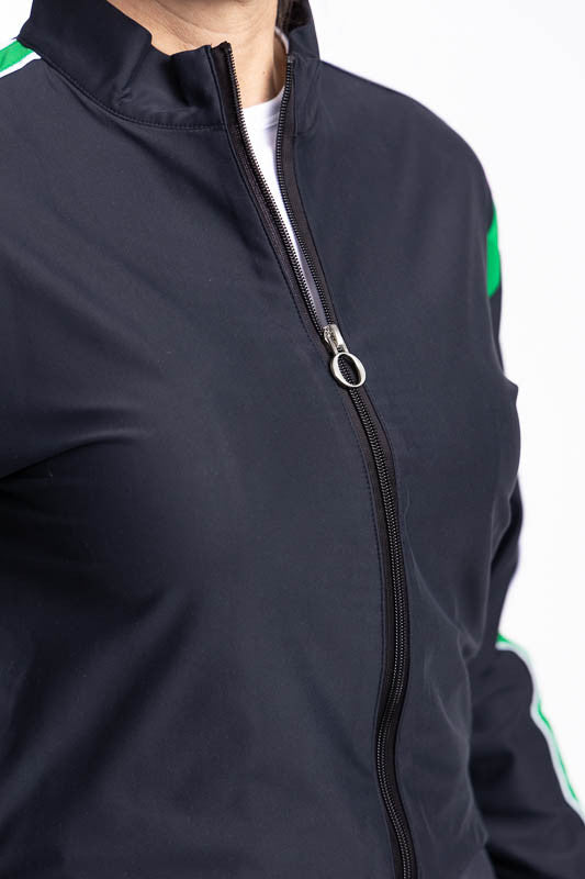 Close front view of the collar and zipper with reinforced "O" zipper pull on the Warm Up Jacket in Black. This jacket has a rye green band around each arm just below the shoulder and three rye green stripes down each arm.