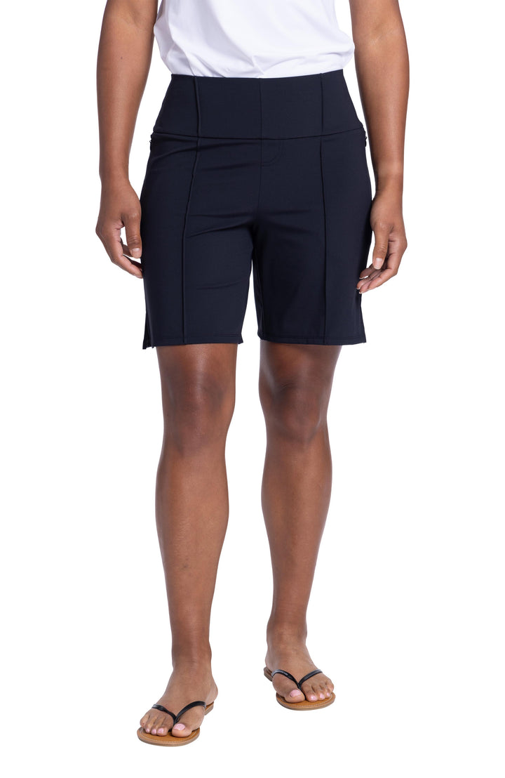 Women's medium length black golf short
