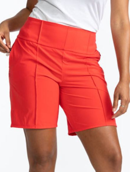Close front view of the Golf Glove Friendly Golf Shorts in Tomato Red