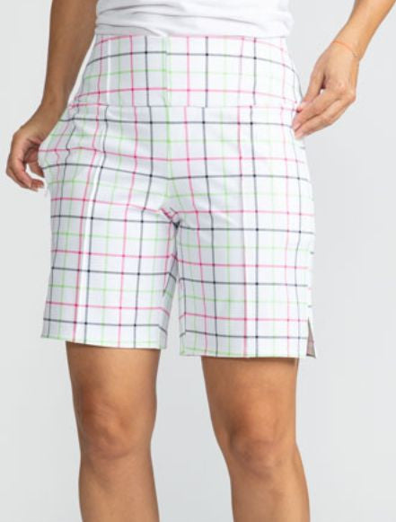 Close front view of the Golf Glove Friendly Shorts in Tattersall Plaid. This plaid consists of thin stripes of Preppy Pink, Grass Green, and Black on a white background.