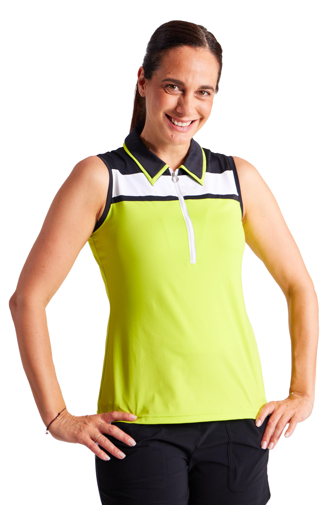 Front view of woman wearing chartreuse with black and white horizontal stripes on upper chest and shoulder, 1/4 zip, sleeveless top with collar. Collar is black with chartreuse trim.