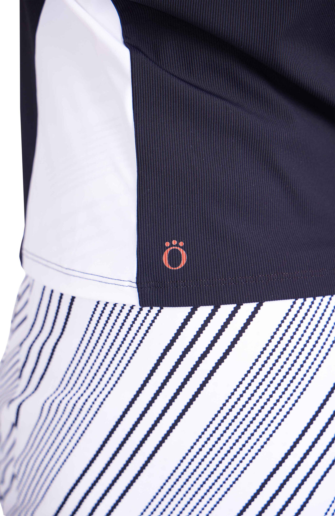 Close of view of hem of black ribbed top with white trim panels on side and KINONA red logo