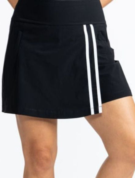 Front view of the Skort and Short Golf Skort in Black. This is a solid black skort with two thin, white stripes that run down the front of the split on the skirt portion of the skort.