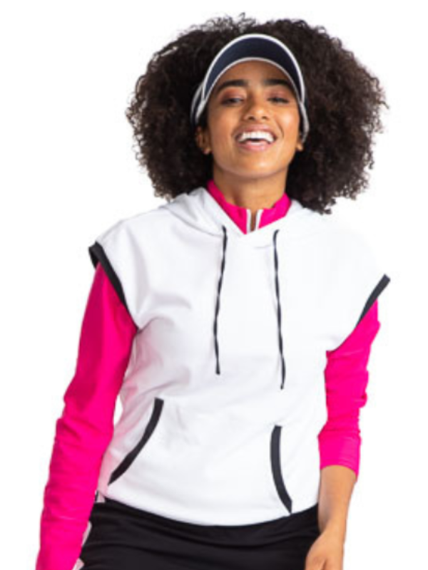 Tight front view of a woman wearing the Apres 18 Extended Shoulder Hoodie in White. This hoodie has black accents around each arm hole, black drawstrings at the hoodie, and black accents on each side of the front pocket.