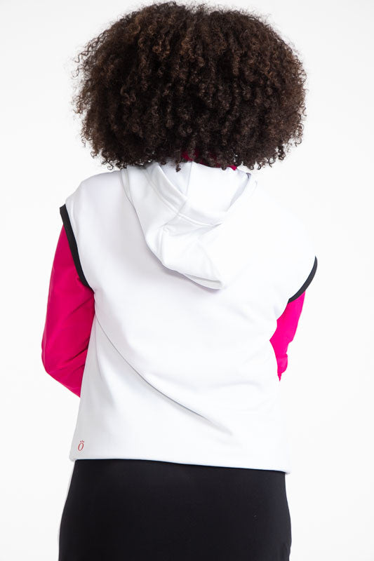 Back view of a woman wearingthe Apres 18 Extended Shoulder Hoodie in White. This hoodie has black accents around each arm hole, black drawstrings at the hoodie, and black accents on each side of the front pocket.