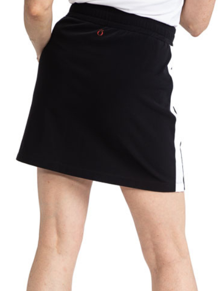 Tight back view of the Apres 18 Sport Skirt in Black. This skirt has a white strip running down each side.