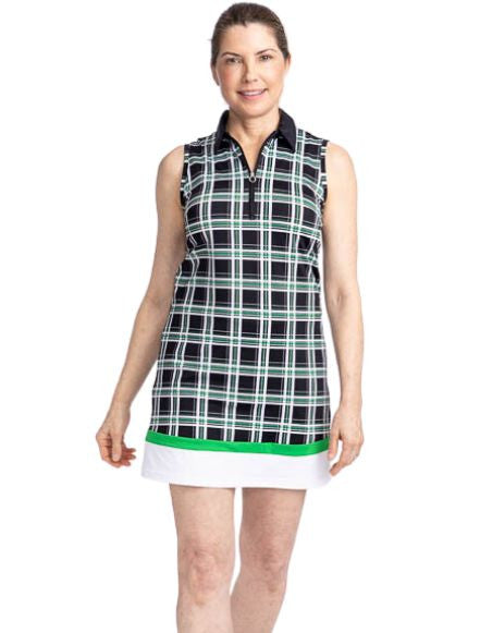 Close front view of the In Play Sleeveless Golf Dress in Tartan Plaid print. The Tartan Plaid print is 