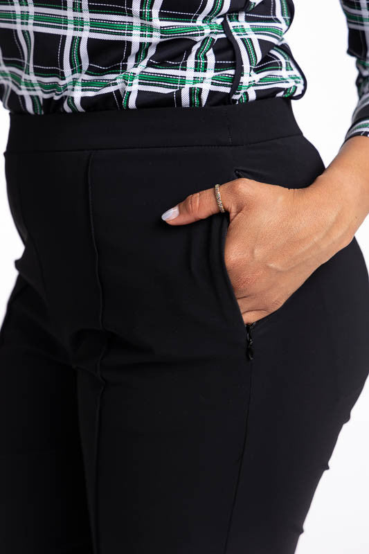 Close front and left side view of the pocket on the Tailored Crop Golf Pants in black.
