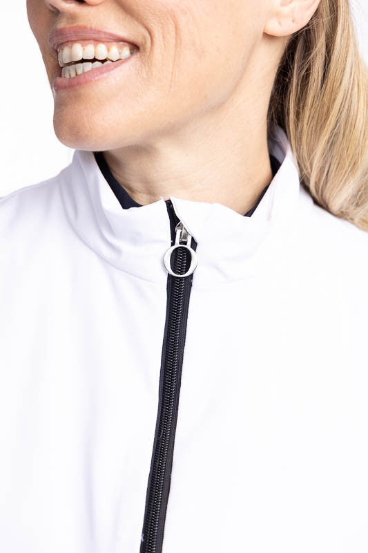 Close front view of the collar and zipper with reinforced "O" zipper pull on the Layer Slayer Golf Vest in White.