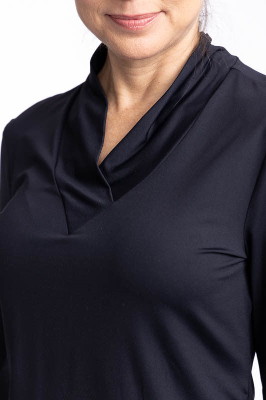 Close front view of the neckline on the Lovely Layer Long Sleeve Golf Top in Black.