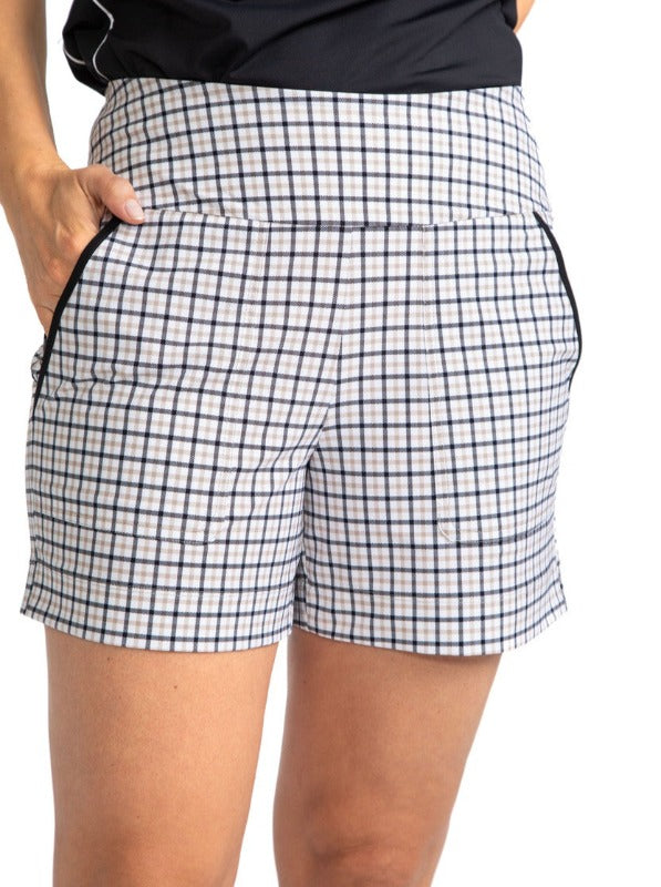 Tight front view of the Carry My Cargo Golf Shorts in Quad Squad Print. These shorts have black accents on both of the side pockets and across the top of the back pockets.