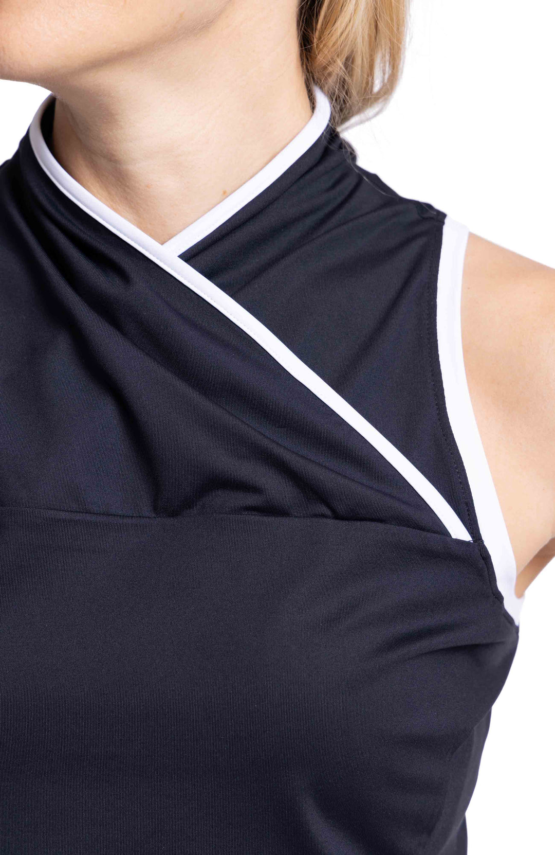 Close up of collar on black overlap sleeveless shirt 