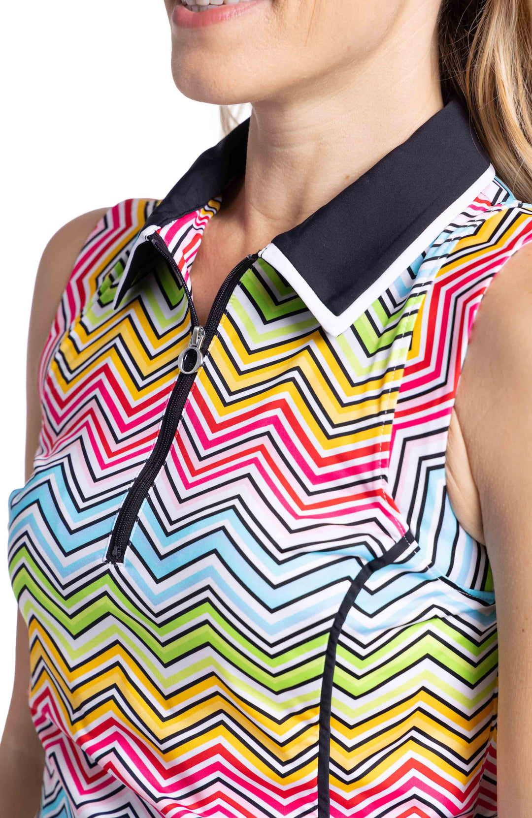 Close up shot of collar and front zip of TWILIGHT SLEEVELESS GOLF TOP - SUMMER HERRINGBONE pattern in light blue, green, yellow, pink and black