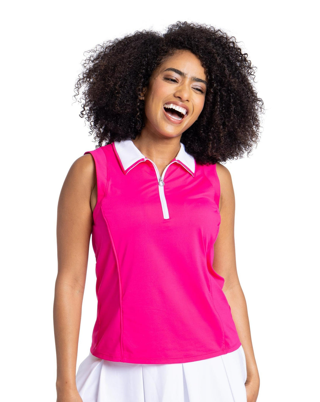 Women laughing in TWILIGHT SLEEVELESS GOLF TOP - PREPPY PINK with white collar