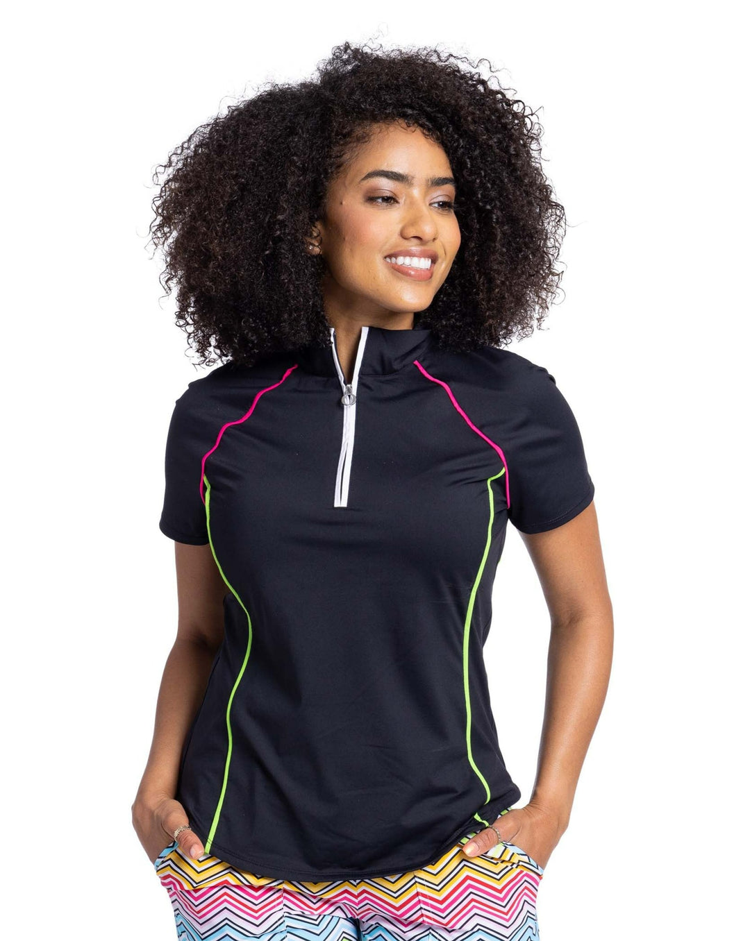 Woman's black golf shirt with pink and yellow piping