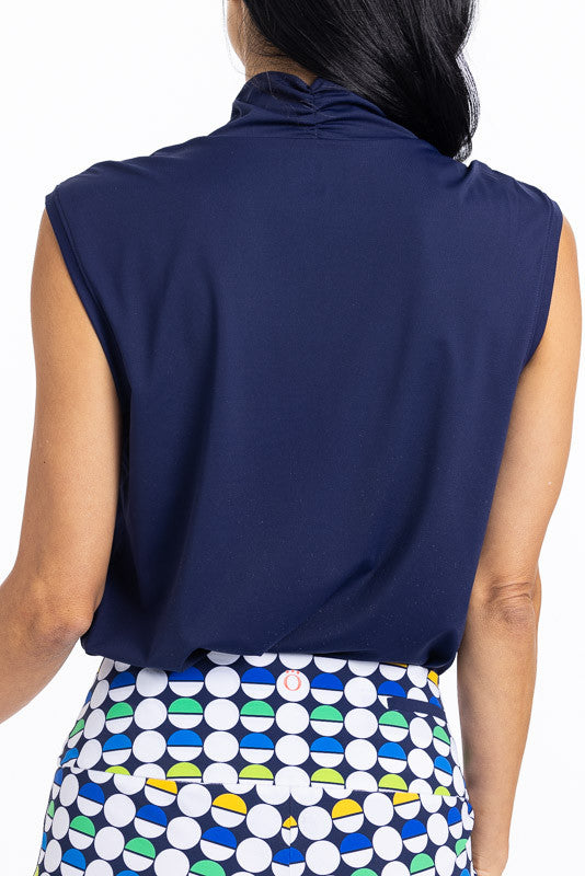 Back view of the Light and Lovely sleeveless golf top in navy blue