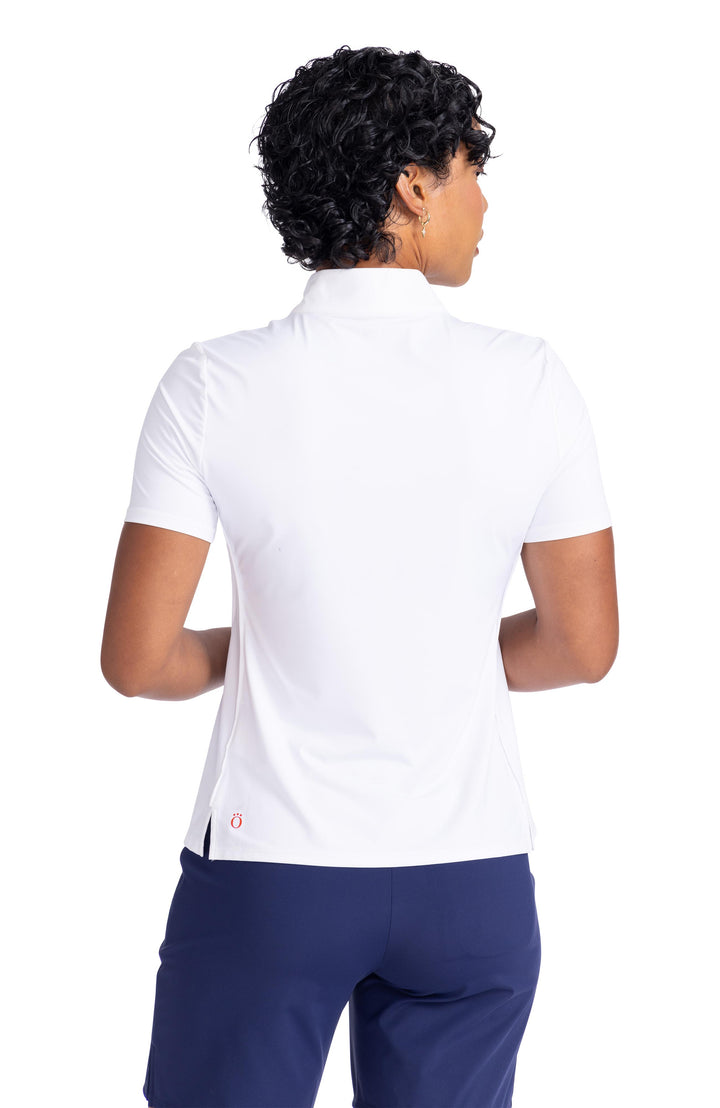 back view of women wearing keep it covered shortsleeve top with navy blue bottoms