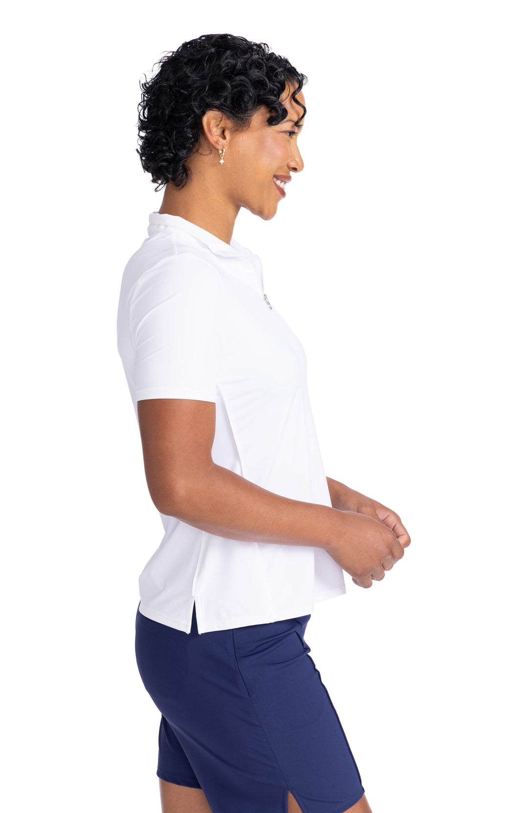 women smiling wearing keep it covered shortsleeve top in white facing right