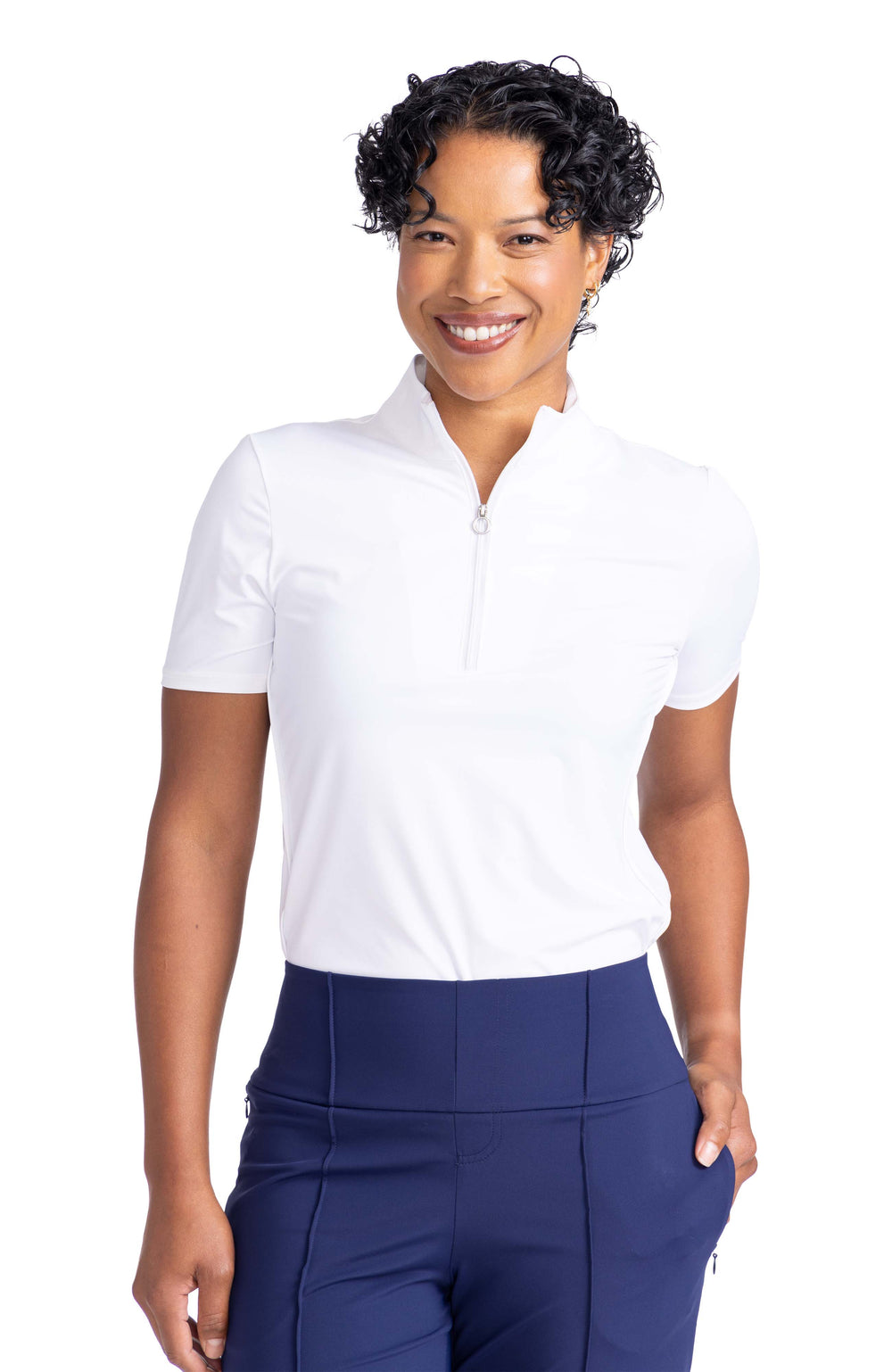 smiling women wearing keep it covered shortsleeve top in white with navy blue tailored and trim shorts