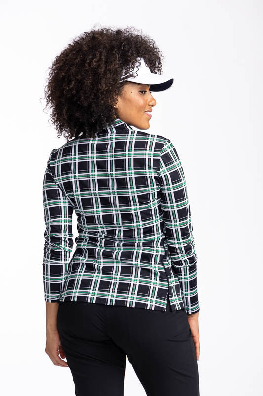 Back view of the Keep It Covered Long Sleeve Golf Top in Tartan Plaid and the No Hat Hair Visor in white.