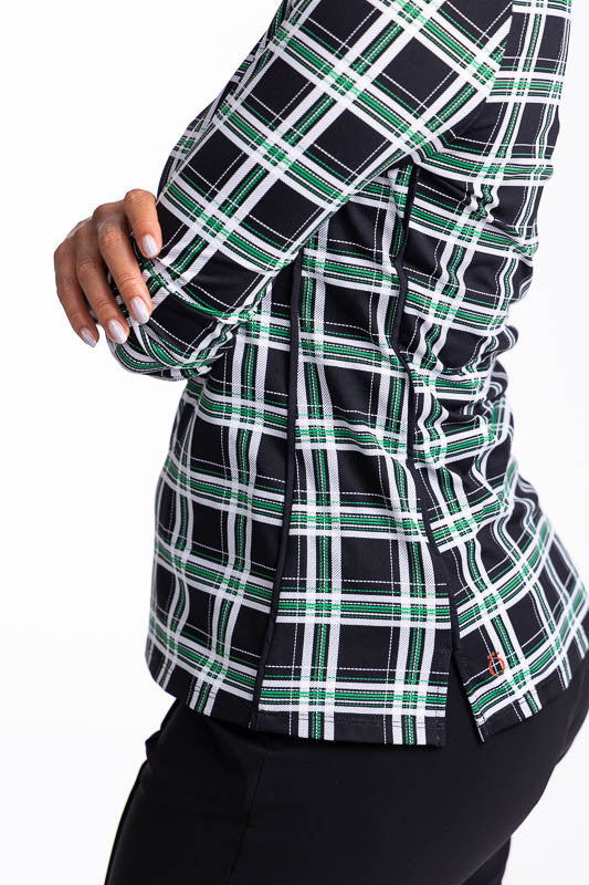 Close left side view of the Keep It Covered Long Sleeve Golf Top in Tartan Plaid.