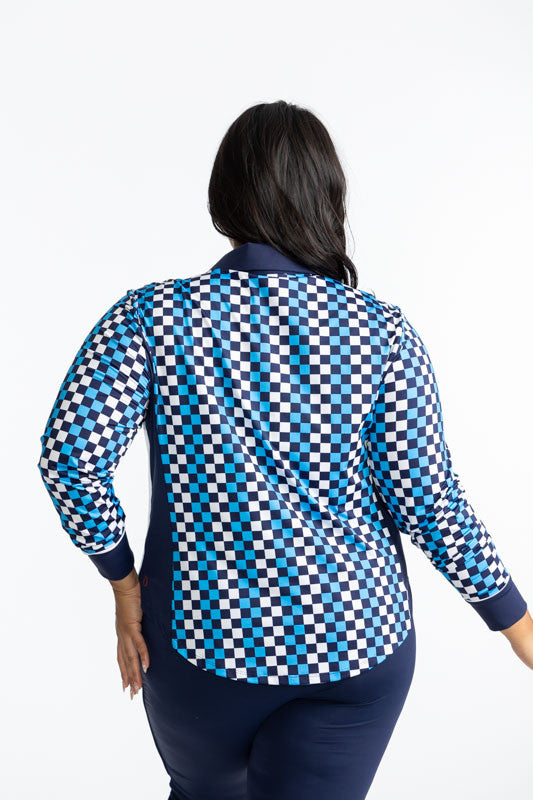 Back view of the At The Pin Long Sleeve Golf Top in Check It Out print. This print is a mix of French blue, black, and white checks forming a vertical striped pattern. This shirt features a solid navy blue collar, a five button front with white buttons, a