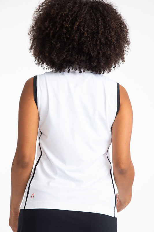 Full back view of a woman golfer wearing the Swing Away Sleeveless Golf Top in White. This top has black accents down the front zipper,  around each sleeve, and two stripes on each side. 