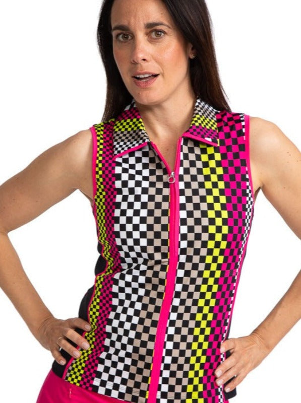 Front view of a woman golfer wearing the Swing Away Sleeveless Golf Top in Checks Mix Print.