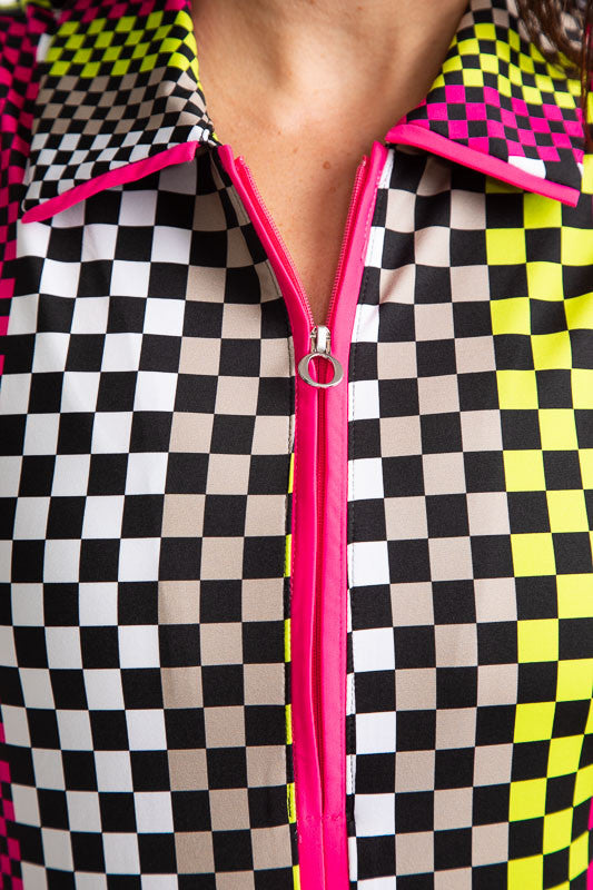 Close front view of the collar and zipper on the Swing Away Sleeveless Golf Top in Checks Mix Print.