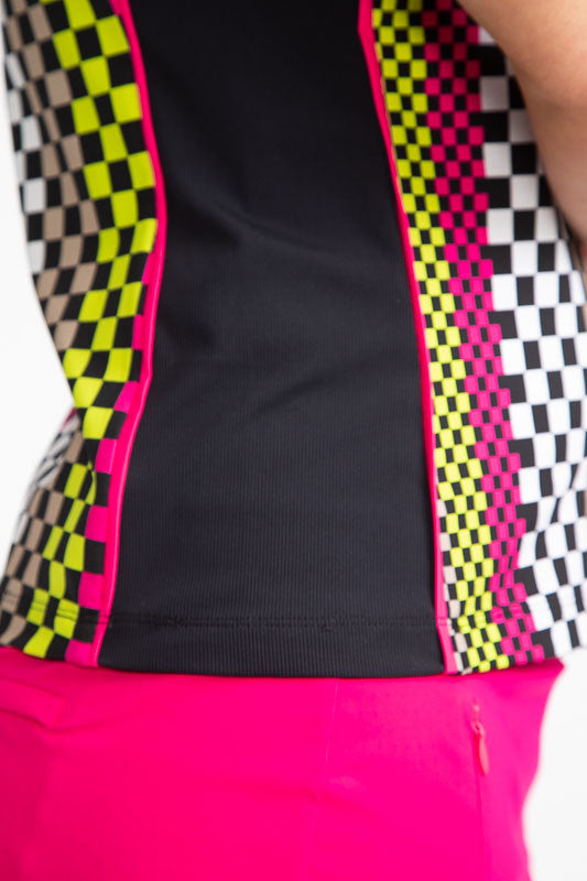 Tight right side view of the Swing Away Sleeveless Golf Top in Checks Mix Print.