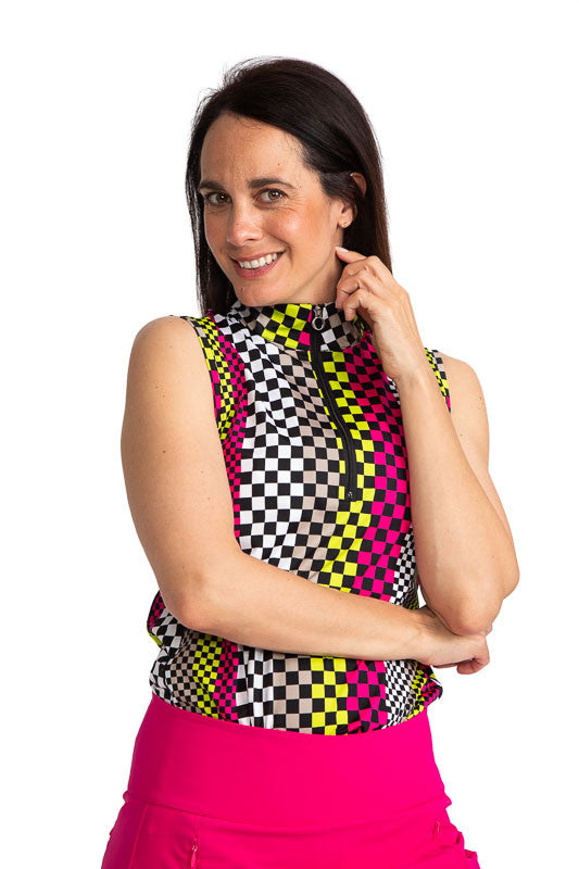 Front view of a woman golfer wearing the Swing Away Sleeveless Golf Top in Checks Mix Print.