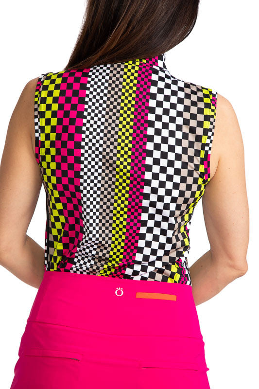 Back view of a woman golfer wearing the Swing Away Sleeveless Golf Top in Checks Mix Print.