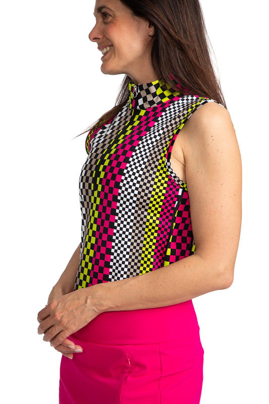 Left side view of a woman golfer wearing the Swing Away Sleeveless Golf Top in Checks Mix Print.