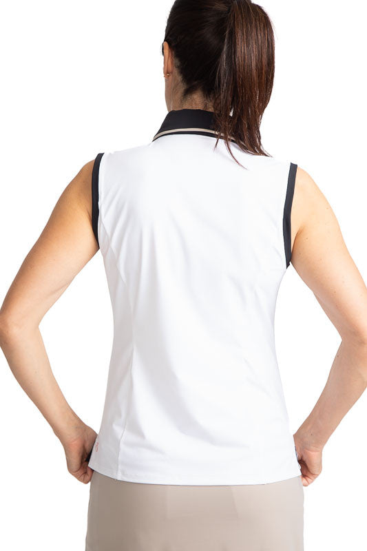Back view of the Sun Seeker Sleeveless Golf Top in White. This shirt has black accents around each sleeve, the collar and front snaps as well as a faux front pocket on the left side.