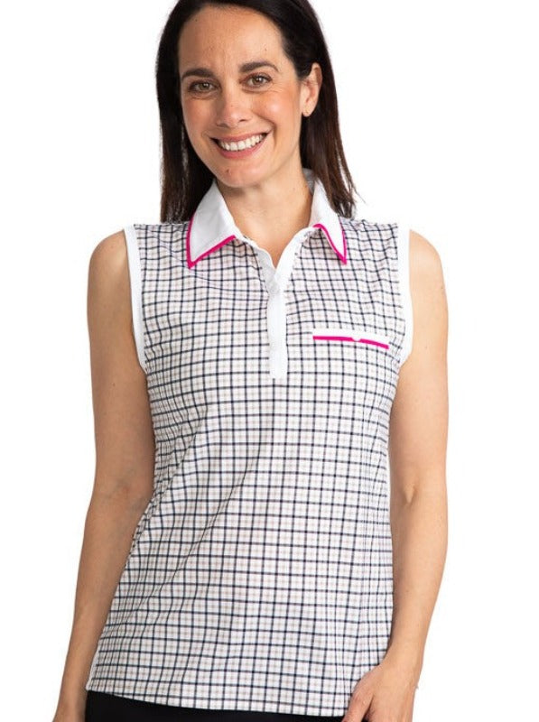 Front view of a smiling woman golfer wearing the Sun Seeker Sleeveless Golf Top in Quad Squad Print.