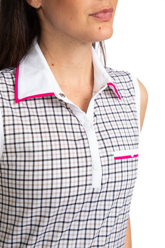Close front view of the Collar, snaps and pocket on the Sun Seeker Sleeveless Golf Top in Quad Squad Print.